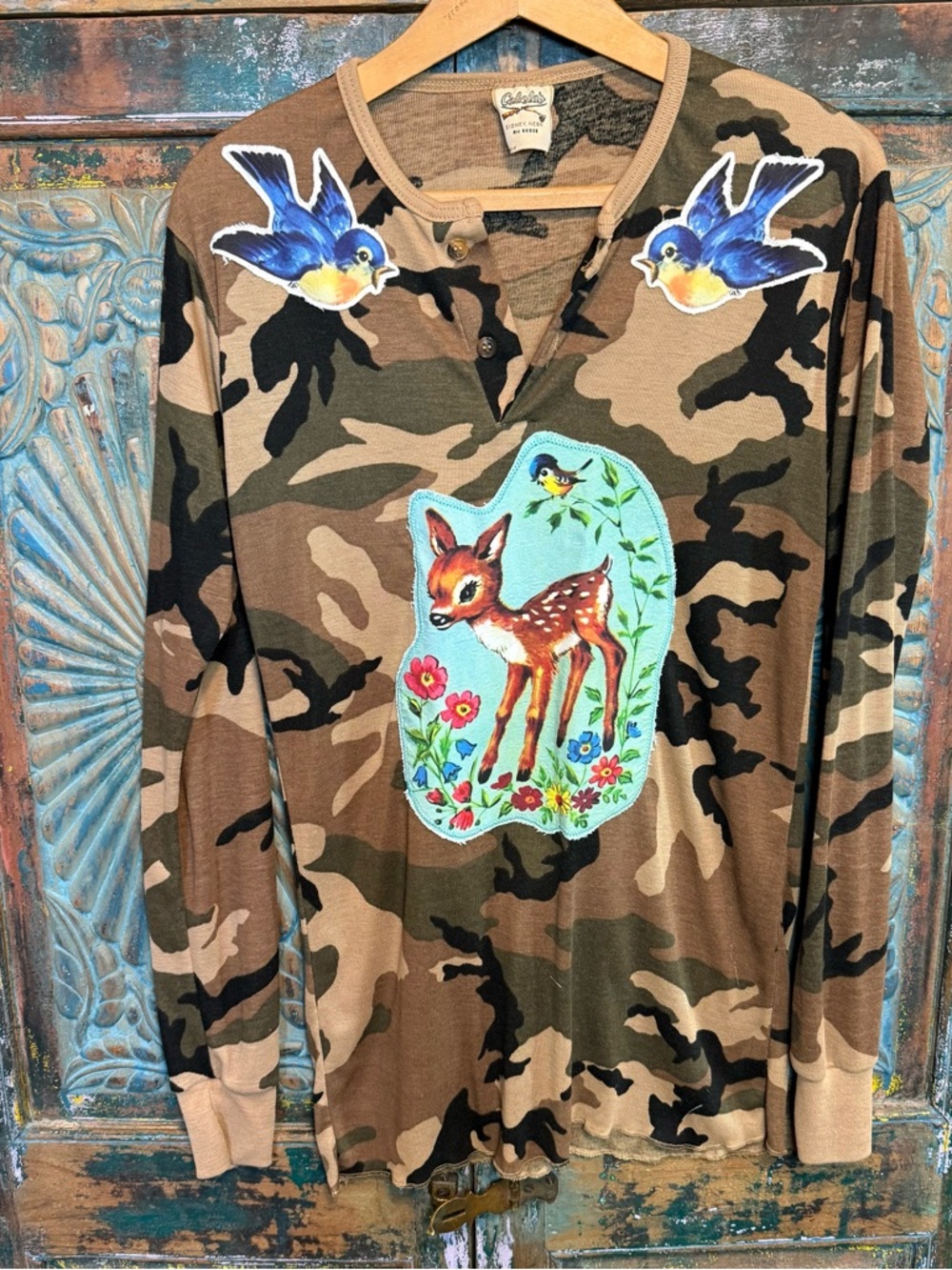 Maximalist camo applique vintage style birds baby deer shirt
